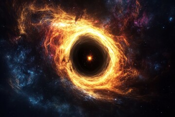 Vivid cosmic depiction of a glowing black hole surrounded by swirling colorful gases