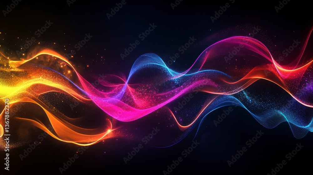 Aufkleber abstract colorful wave with glowing particles on black background.