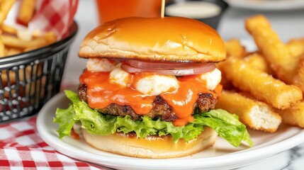 bacon cheeseburger with mozzarella sticks, vivid colors with texture, on a white background, bold and flavorful mood