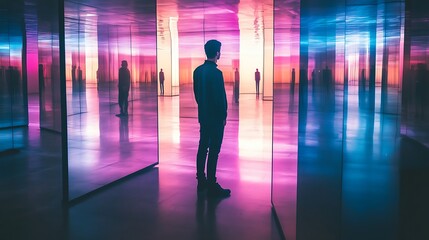 Surrounded by mirrors, a person sees various emotions staring back, representing the complexity of human feelings.

