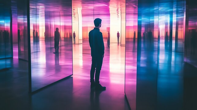 Surrounded by mirrors, a person sees various emotions staring back, representing the complexity of human feelings.

 - Powered by Adobe