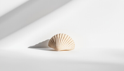 Obraz premium Shell casts shadows on a bright background, interplay of light and shadow creating depth, artistic composition, Gentle rays illuminate shell, highlighting its curves and ridges, contrast adding charm