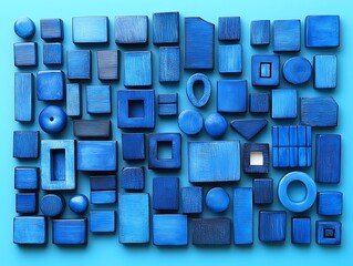Various geometric wooden blocks are arranged on a blue background