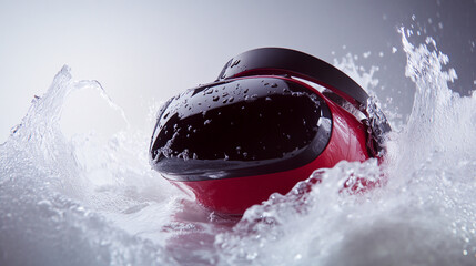 Red virtual reality headset submerged in water, creating dynamic splash effect. Showcases technology's interaction with water, ideal for innovation or technology themes