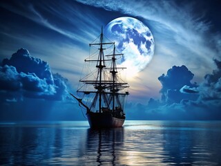 Fototapeta premium Mysterious Ship Silhouette Under Moonlight: Chilling Maritime Adventure