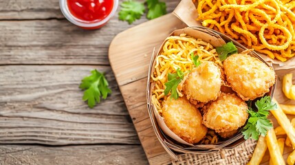 chicken nuggets with side of curly fries, painterly brush texture, simple tabletop with clean backdrop, delicious and inviting mood