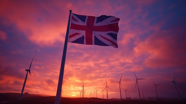 National flag flutters proudly by towering wind turbines at sunrise, highlighting the connection between national pride and renewable energy advancement