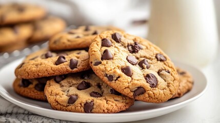 Chocolate Chip Cookies Pile on Plate with Milk Ready to Eat