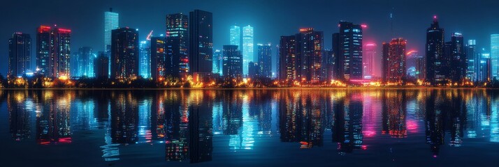 Fototapeta premium Glowing city skyline reflects on tranquil water.