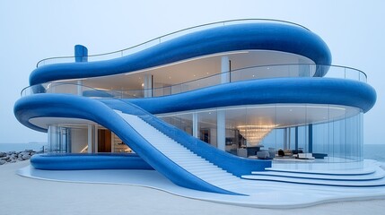 Futuristic blue and white beach house with slide