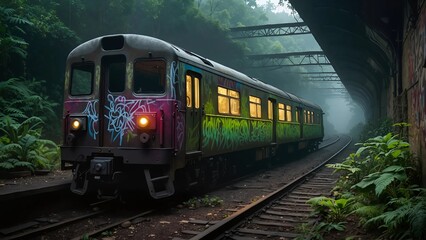 Obraz premium Abandoned train covered in graffiti in a misty forest setting 