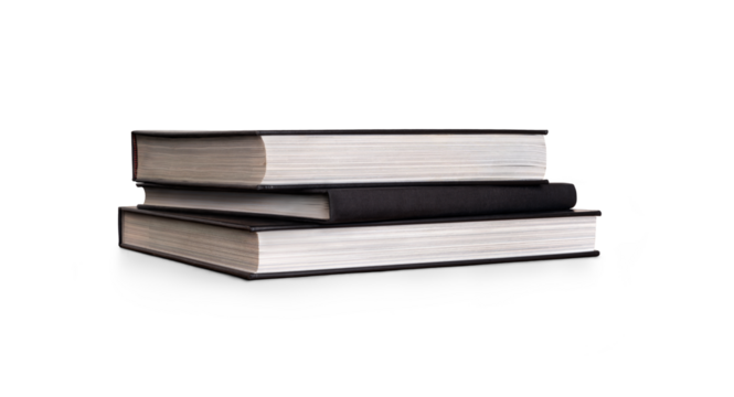 An angled front on view of a pile of study books, textbooks, on a table isolated against a transparent background