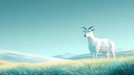 Obraz premium Realistic polygonal goat in a field illustration created with minimalist design and geometric shapes in soft colors