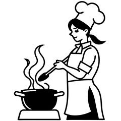 A silhouette of a woman chef cooking on a stove with steam rising from the pot