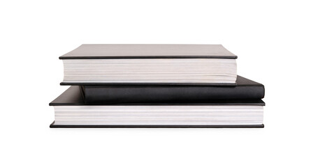 A front on view of a pile of study books, textbooks, on a table isolated against a transparent background