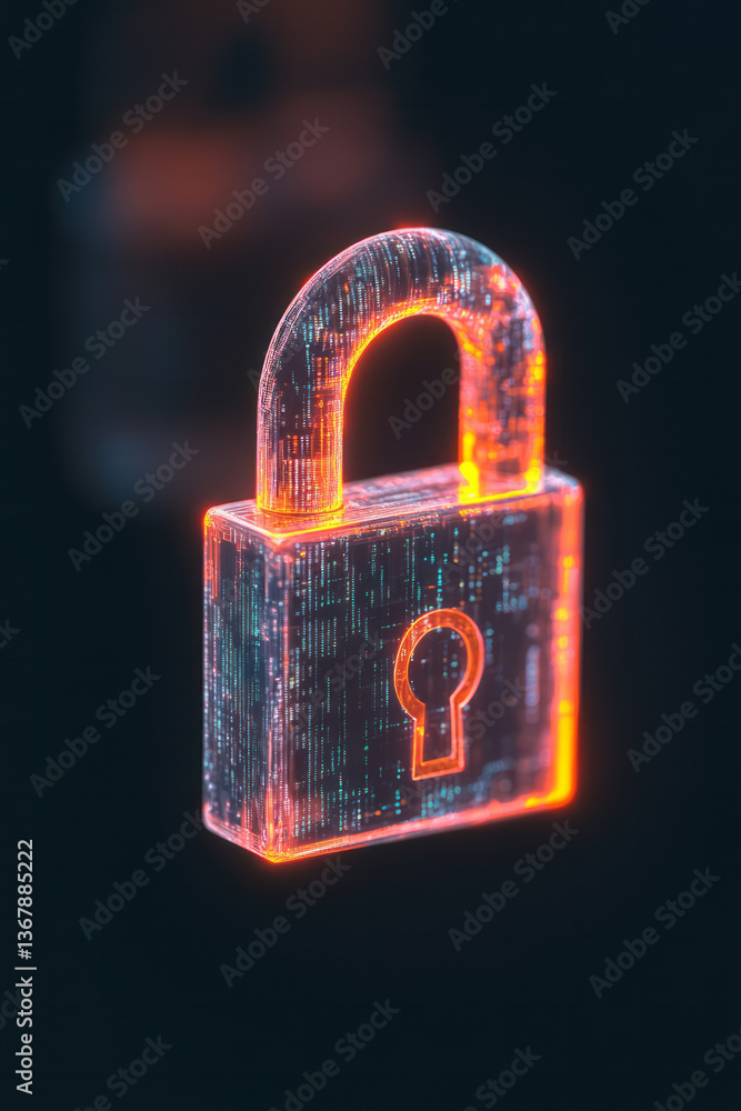 Poster a glowing padlock hovering over encrypted data streams, representing fraud prevention and secure