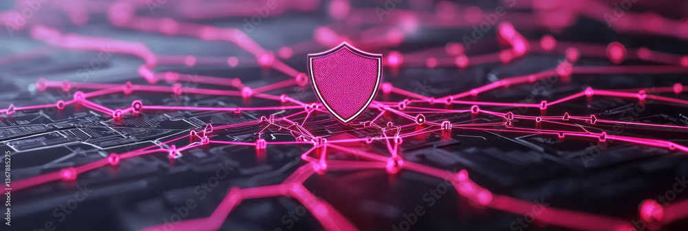 Poster an abstract digital network with secured nodes and a shield icon at the center, symbolizing strong