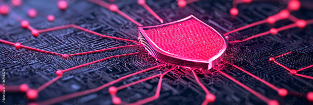 Poster an abstract digital network with secured nodes and a shield icon at the center, symbolizing strong
