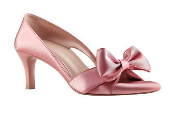 Elegant blush pink satin heels adorned with a delicate bow, perfect for a romantic evening or special occasion against a clean white background.