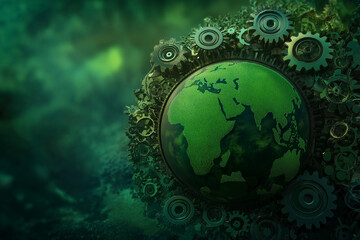 An imaginative illustration of a green planet Earth with gears and cogs, illustrating the concept of sustainable engineering for the planet