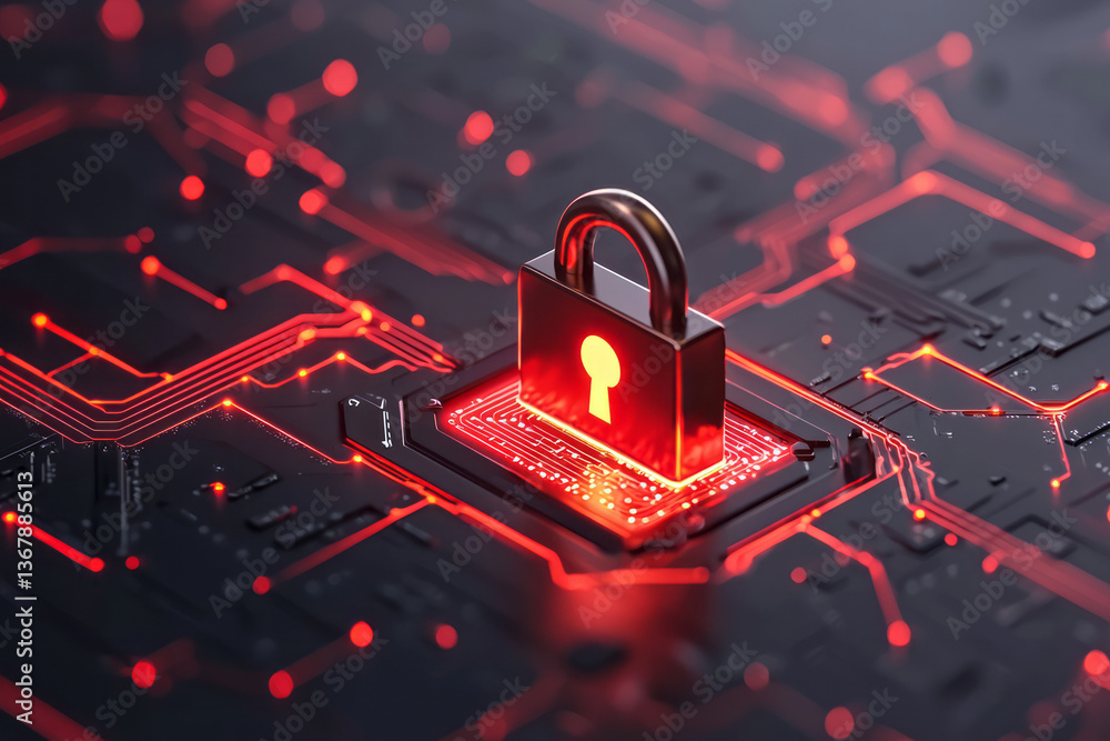 Poster a glowing cyber lock protecting a digital wallet icon, set within a matrix of secure data points,
