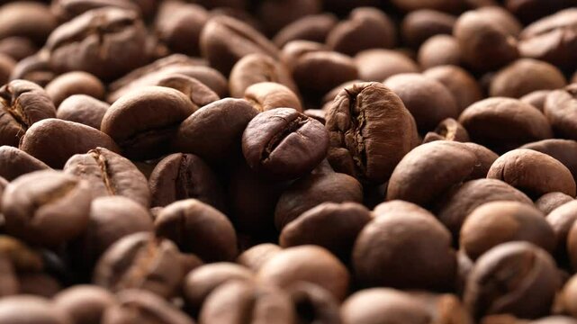 Close up of coffee beans. Coffee beans kept on rotating disk.