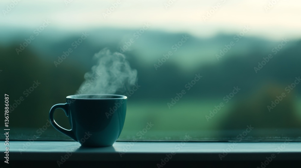 Poster a teacup sits on a windowsill with steam wafting into the air, set against a misty countryside backd