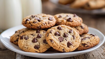 Delicious Chocolate Chip Cookies on a Plate with Glass Milk Bottles