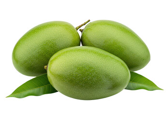 Fresh green mangoes with green mango leaves isolated on transparent background