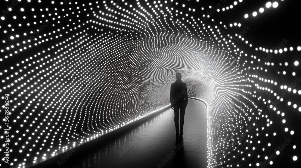 Poster man walks through a futuristic light tunnel.