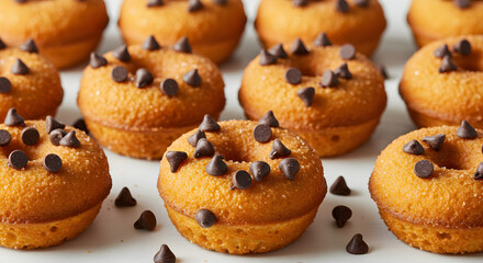 Close-up of golden chocolate chip muffins with rich melted chocolate chips, homemade bakery dessert, fresh baked sweet cupcakes, delicious snack, appetizing food photography


