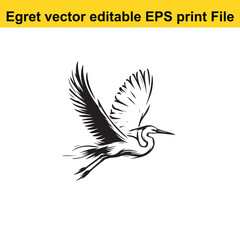 Vector Egret or Heron, standing and flyind