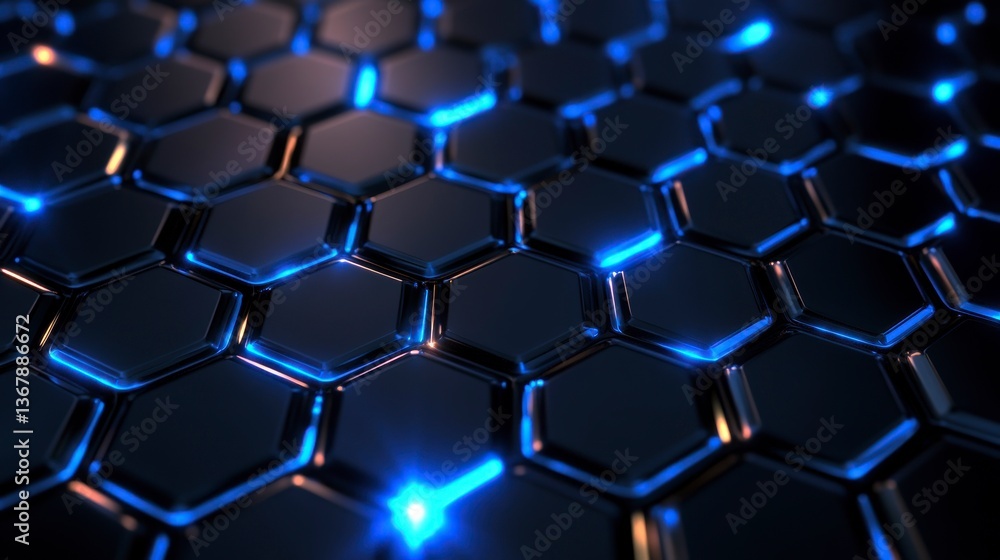 Poster abstract dark hexagonal grid with glowing blue lines.