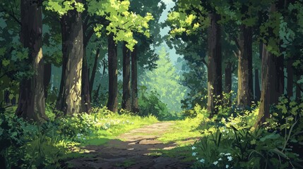 Obraz premium A peaceful forest path surrounded by tall trees and vibrant greenery