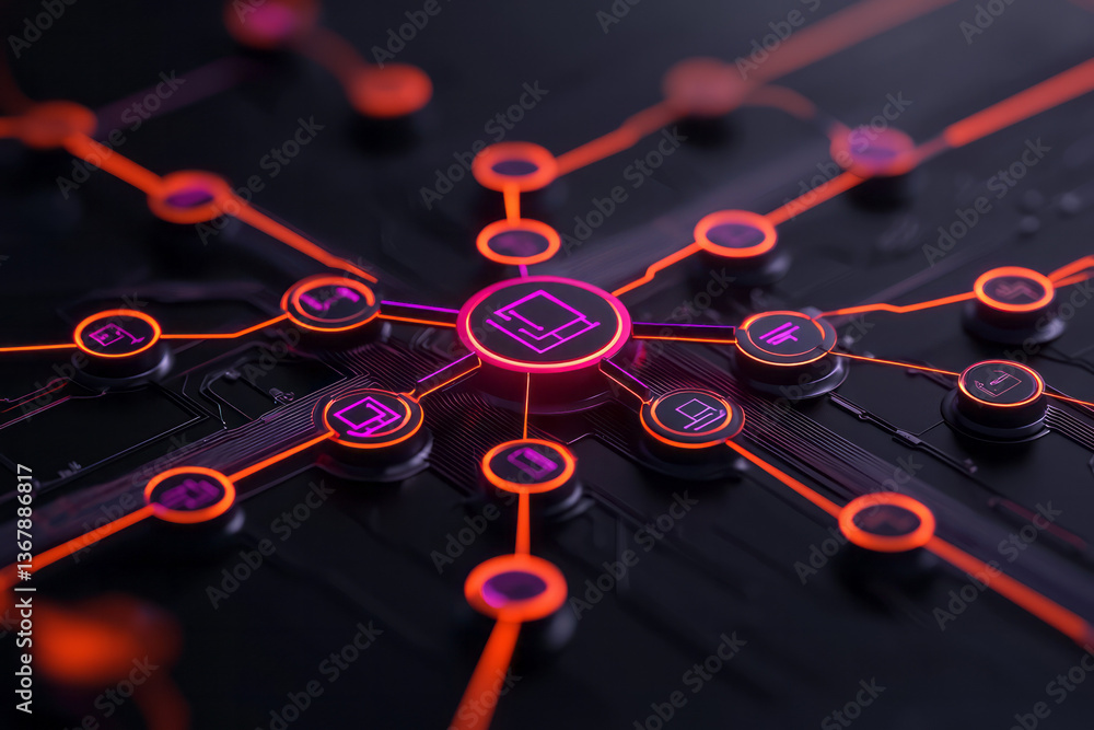 Poster a stylized hub-and-spoke design with data nodes connected by flowing lines, representing the