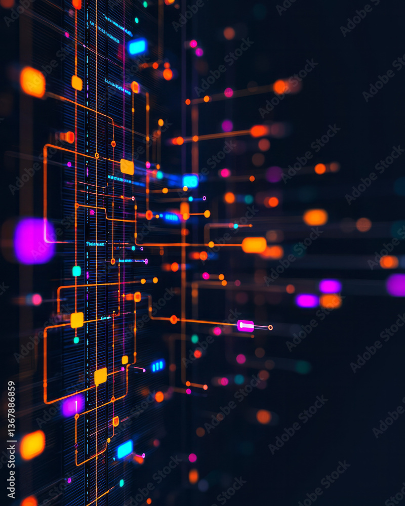 Poster a glowing digital grid with animated data flow branching into multiple output screens, symbolizing