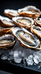 Naklejka premium A close-up photo of oysters placed on their shells, with several oysters resting on crushed ice.