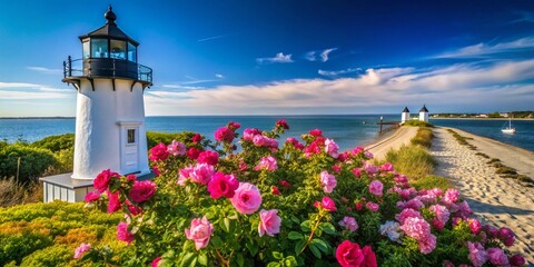 Nantucket Island Lighthouse, Rosa Rugosa Blooms, Coastal Landscape Photography