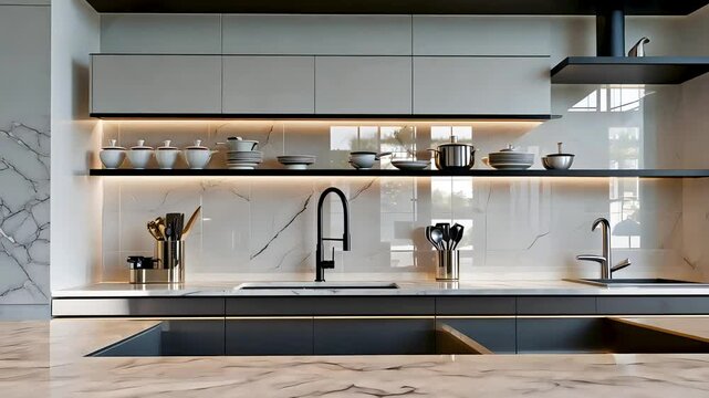 Contemporary modern kitchen interior with marble backsplash and open shelving