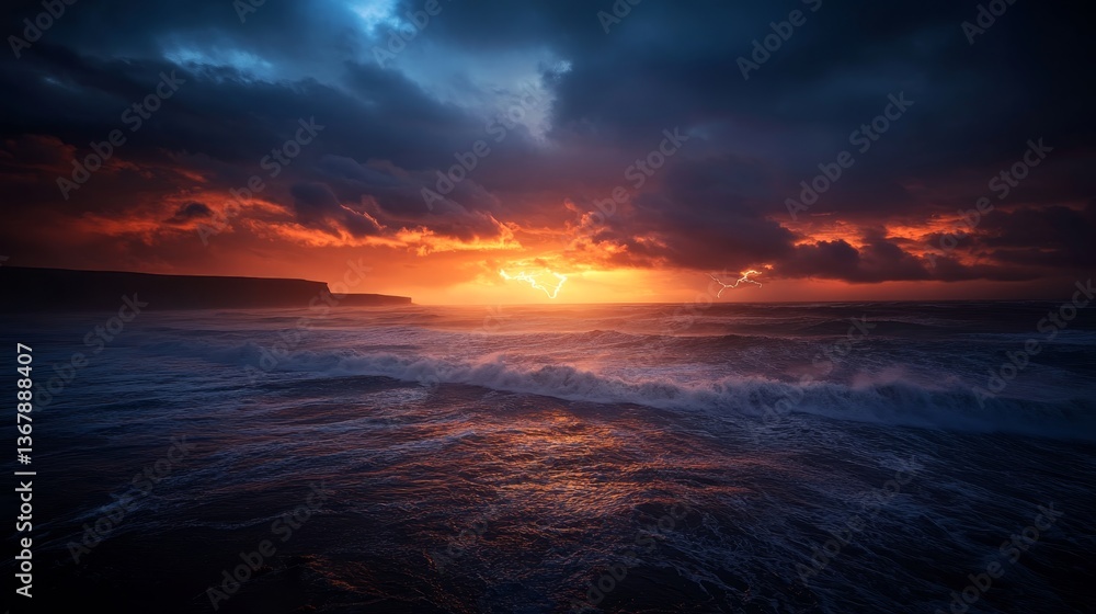 Aufkleber Ocean waves surge violently against rugged cliffs as a moody twilight envelops the sky, with flashes of distant lightning adding a dramatic glow to the horizon
