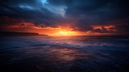 Naklejka premium Ocean waves surge violently against rugged cliffs as a moody twilight envelops the sky, with flashes of distant lightning adding a dramatic glow to the horizon