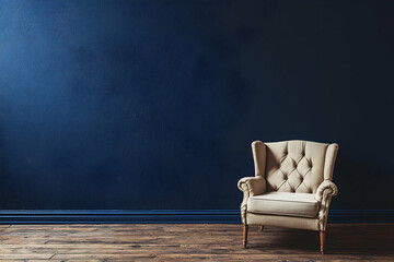 A brown armchair against a dark blue wall in an empty interior setting.