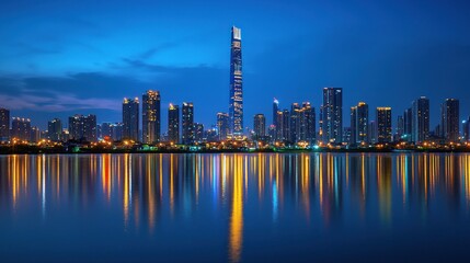 City skyline reflected in water at night