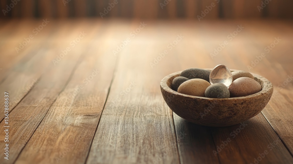 Aufkleber A stone bowl filled with smooth river stones and a crystal orb rests on a rustic wooden surface illuminated by soft natural light, creating a serene atmosphere