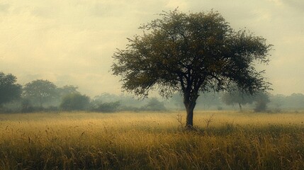 Fototapeta premium Misty field with lone tree