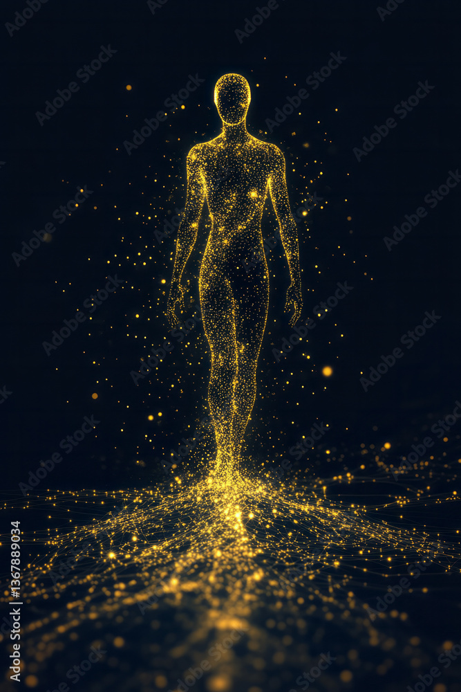 Poster a glowing humanoid ai figure surrounded by golden data streams and neural networks, symbolizing the