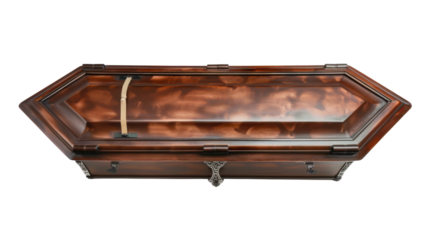 Elegant wooden coffin isolated on transparent background