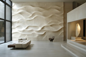 A spacious, luxurious living room with minimalist design features textured walls, creating an elegant and serene atmosphere.