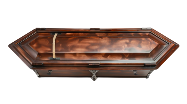 Elegant wooden coffin isolated on transparent background