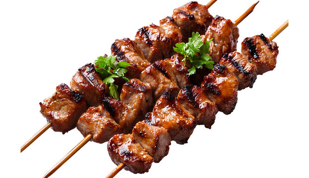 Grilled meat on a skewer, transparent background PNG file